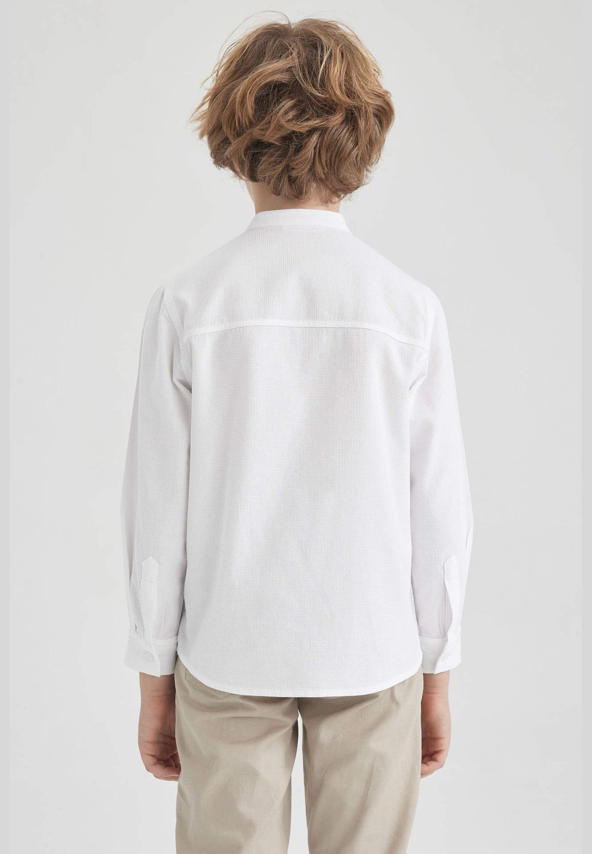 Boy Stand- Up Collar Woven Long Sleeve Shirt