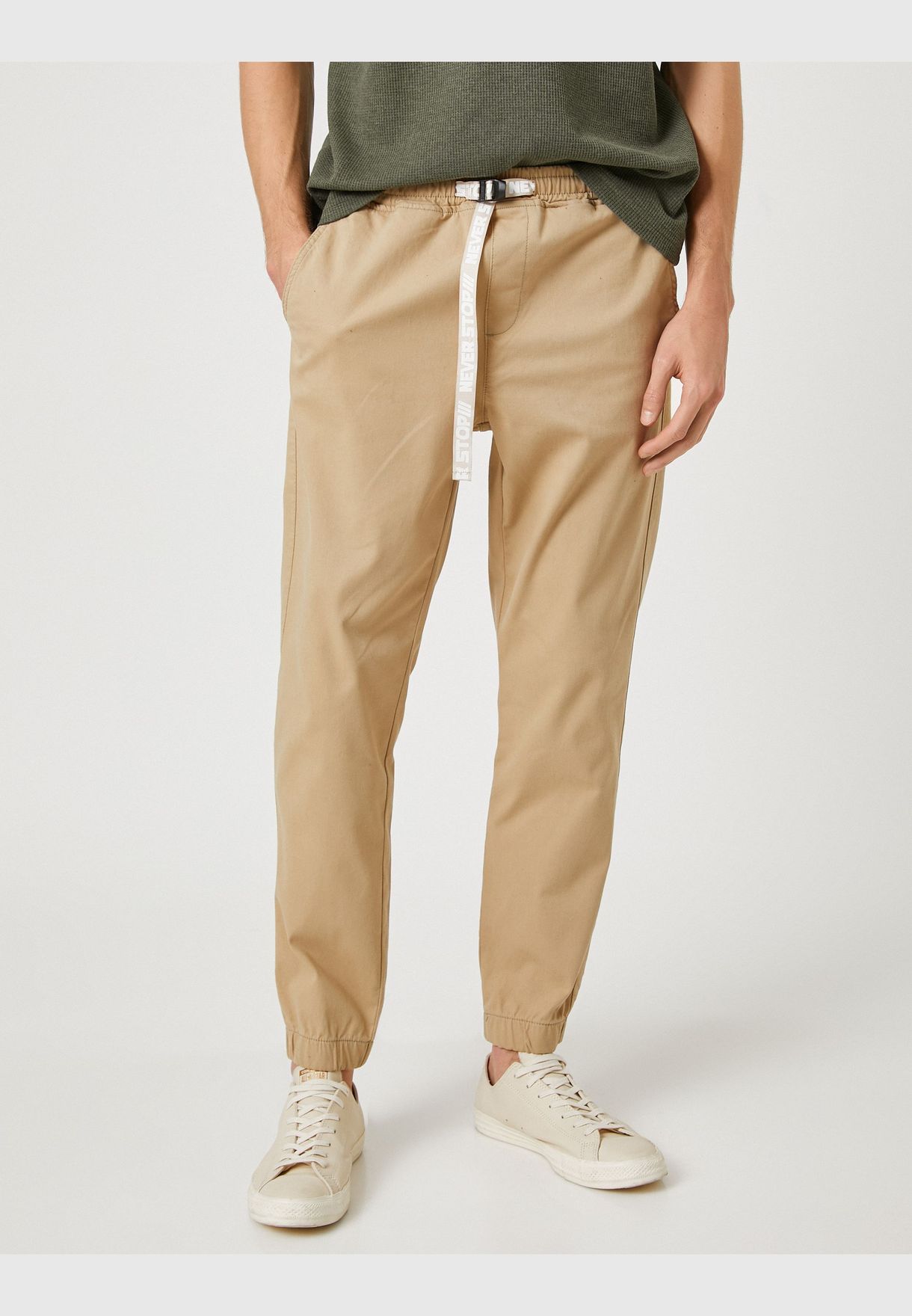 Elastic Waist Trousers Slogan Printed Belt Detailed