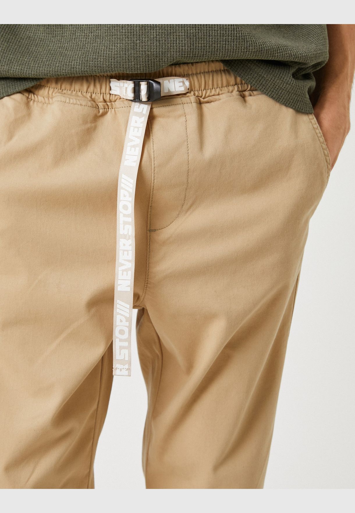 Elastic Waist Trousers Slogan Printed Belt Detailed