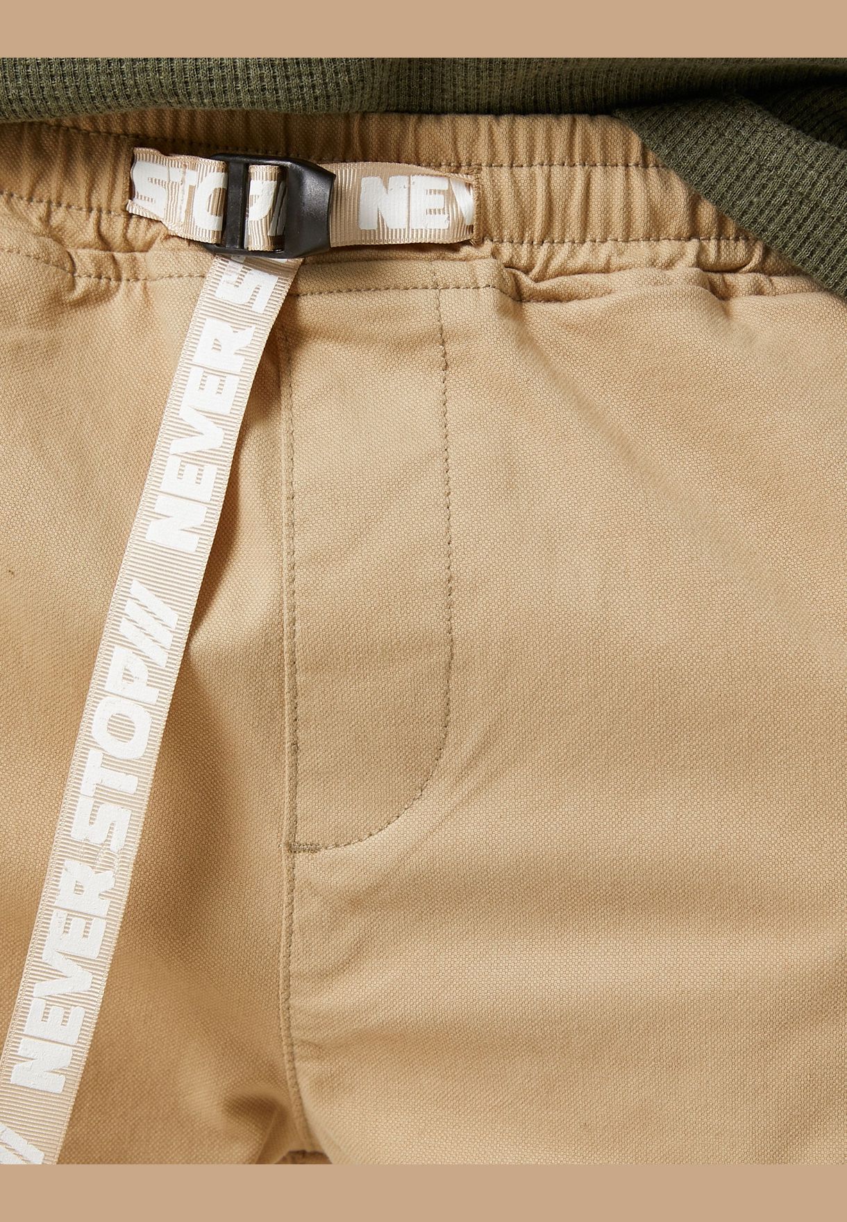 Elastic Waist Trousers Slogan Printed Belt Detailed