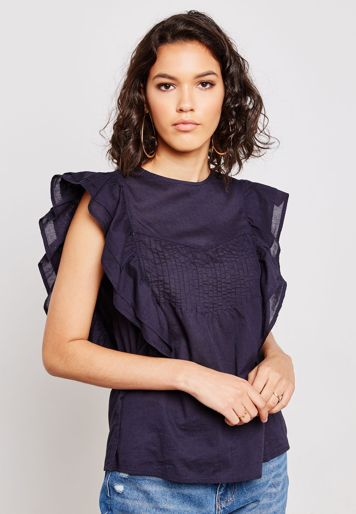 navy ruffle sleeve top