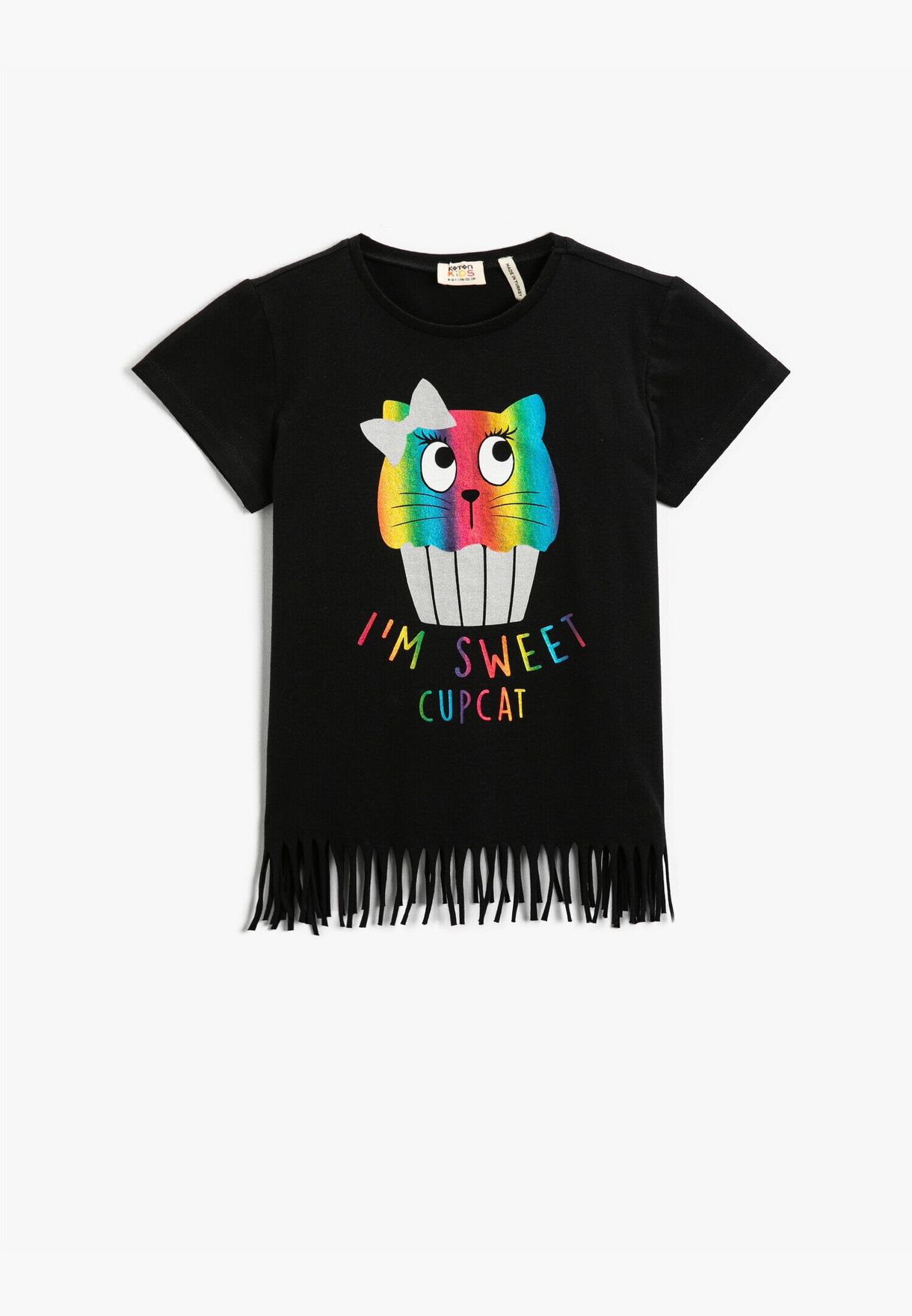 Cat Printed Fringed Short Sleeve T-Shirt Cotton