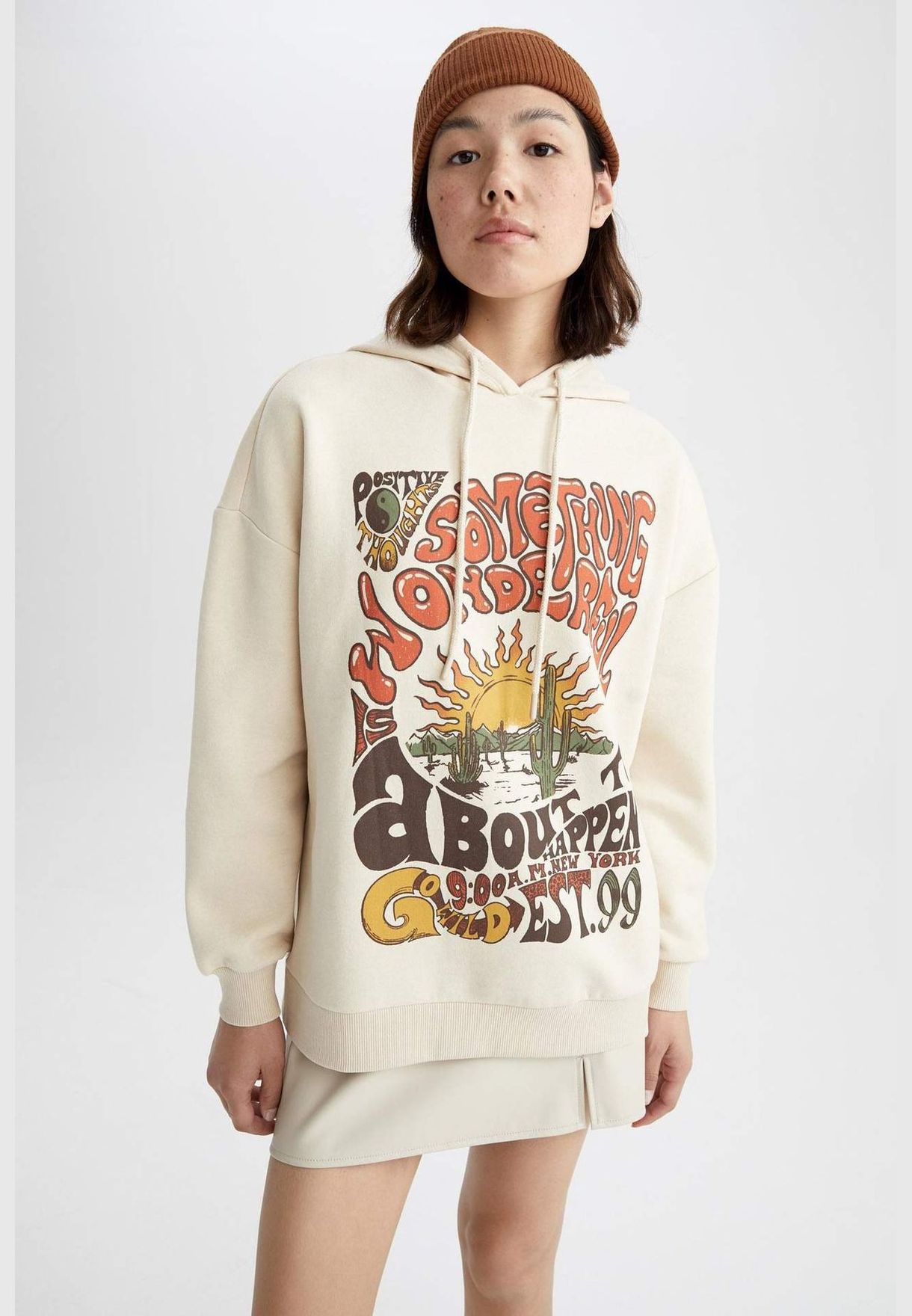 Woman Oversize Fit Hooded Long Sleeve Knitted Sweat Shirt