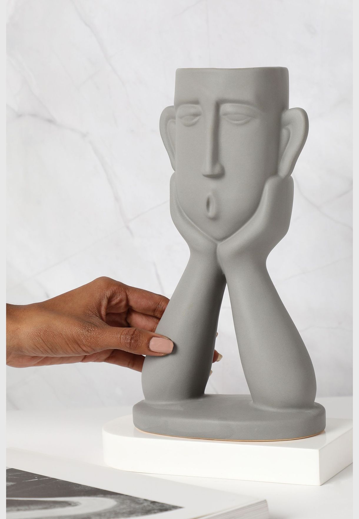 Modern Pewter Face With Hands Figurine Solid Minimalistic Ceramic Showpiece