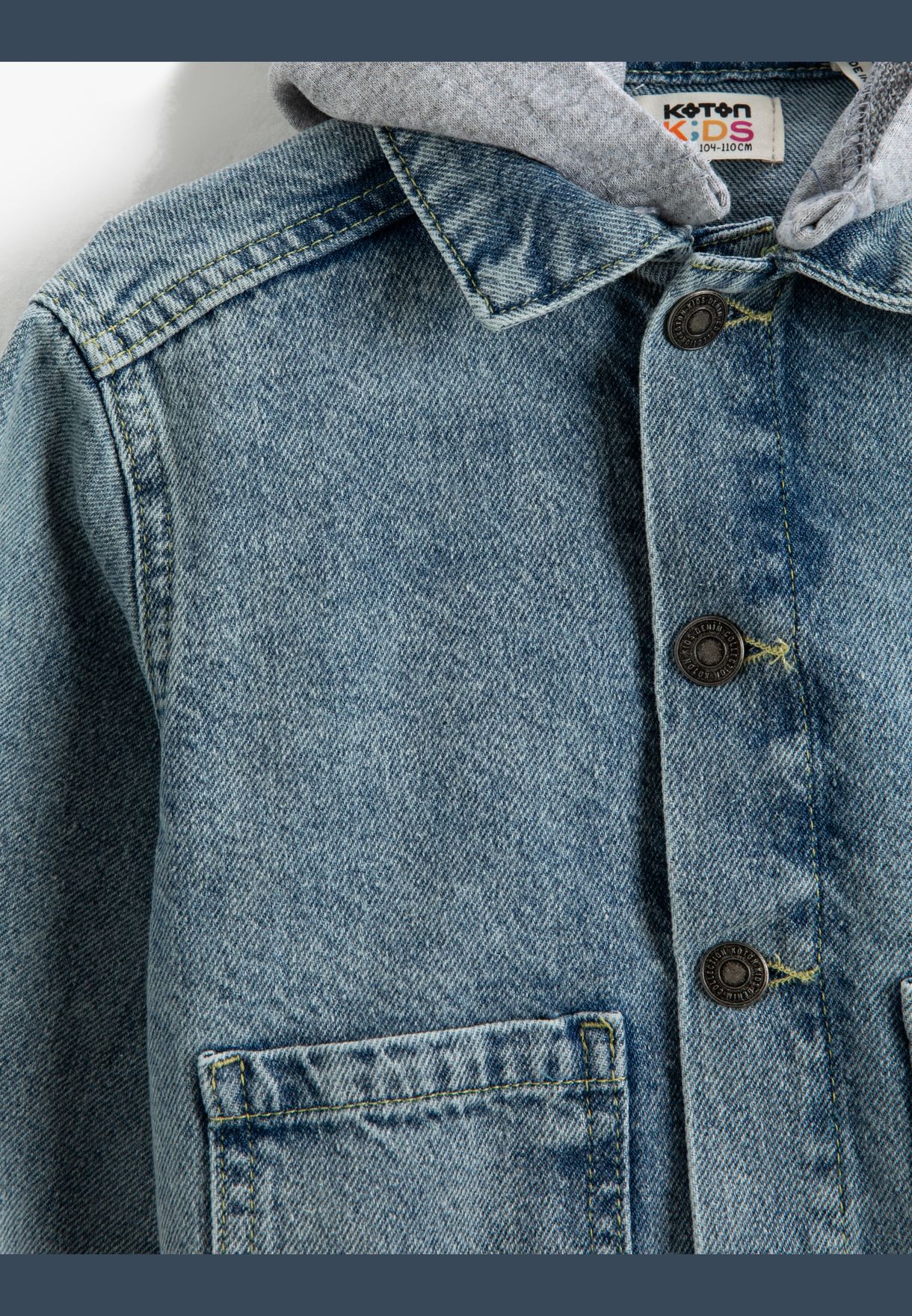 Oversized Hooded Jean Jacket Pocket Detail Elastic Cuffs Cotton