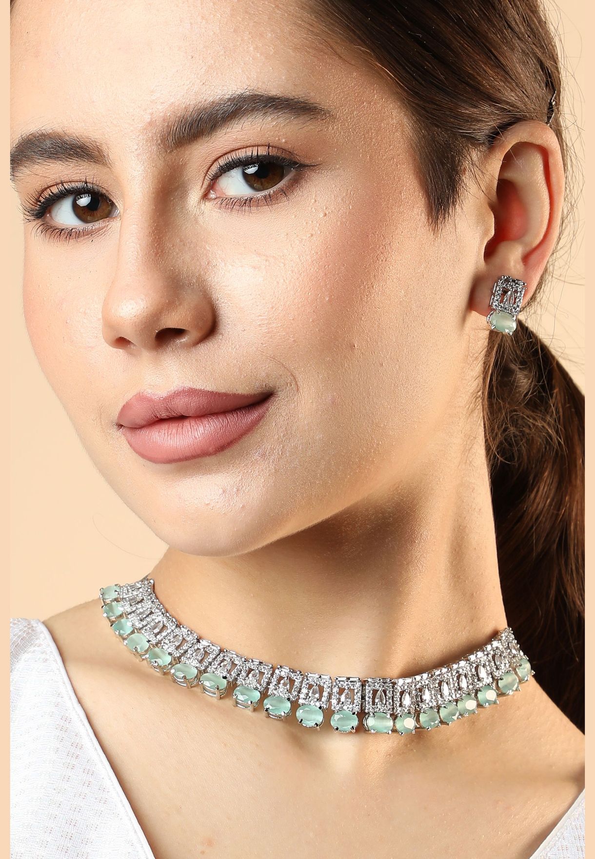 Silver Plated American Diamond and Designer Stone Party Necklace and Earring Set For Women