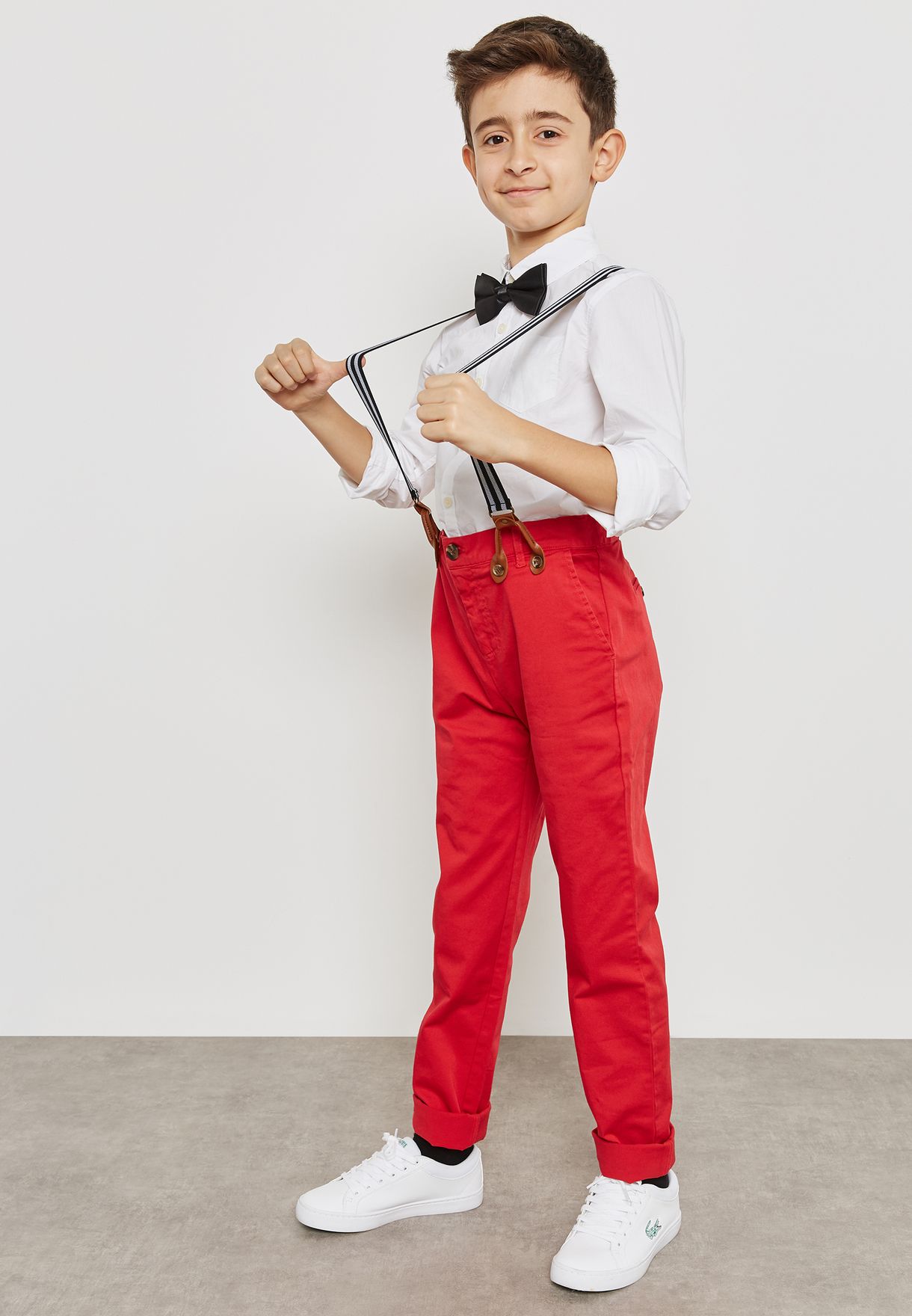 red suspender pants