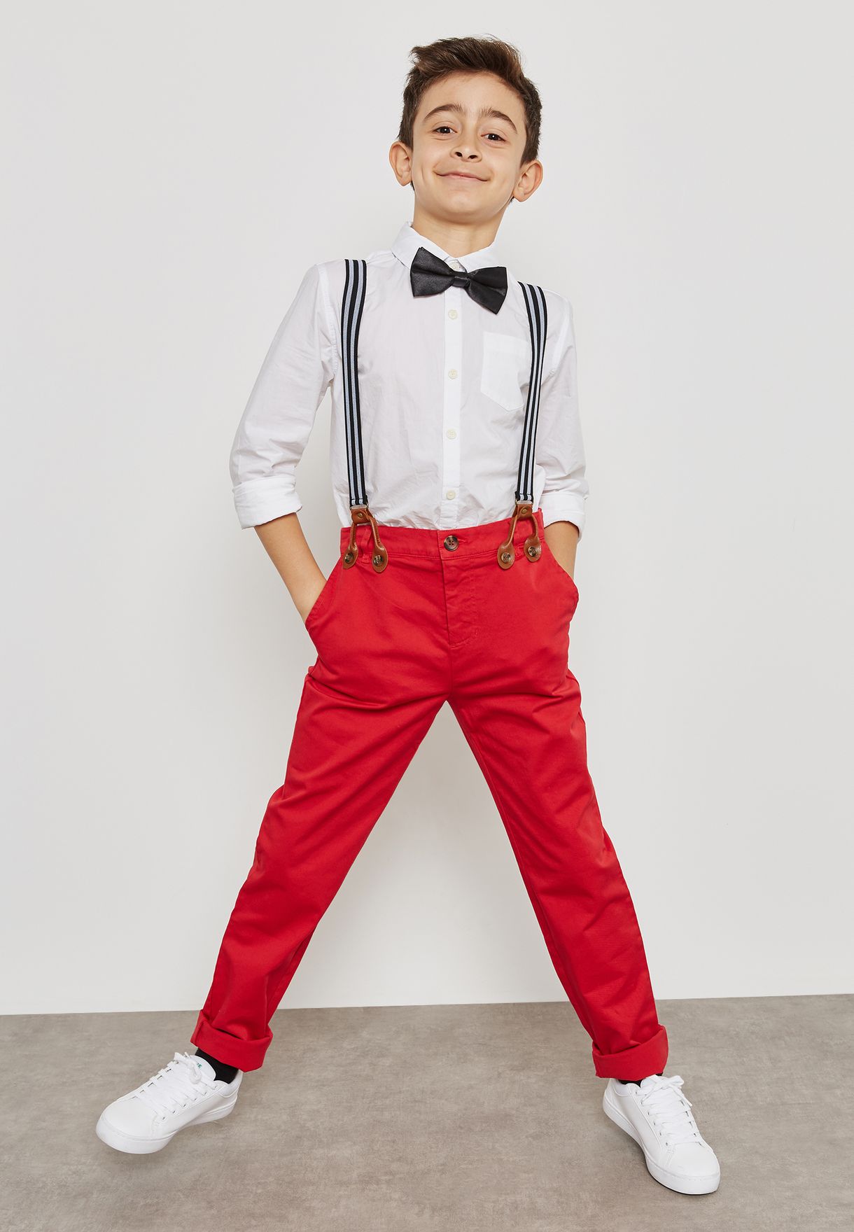 red suspender pants