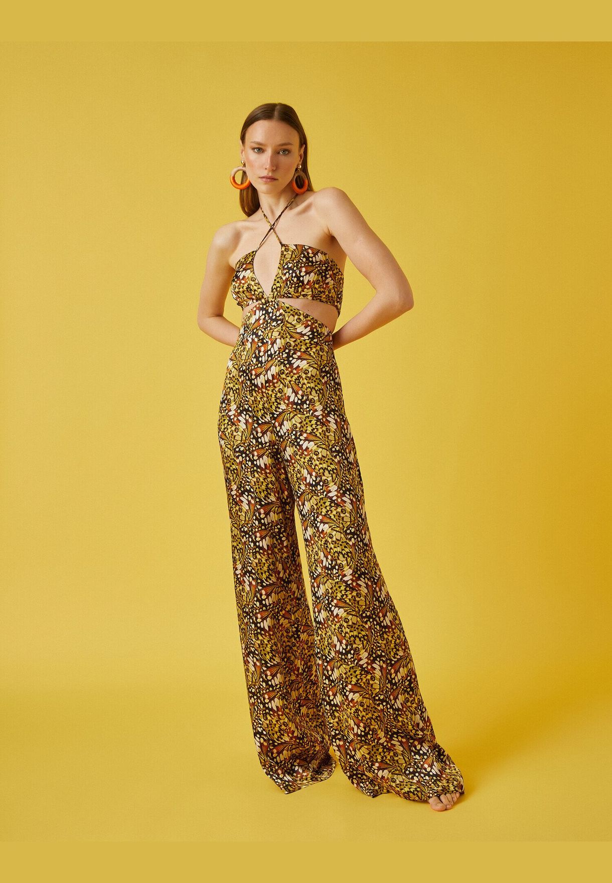 Tie Detail Cut Out Detail Patterned Jumpsuit