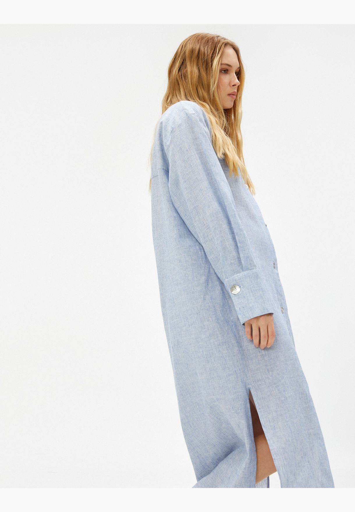 Long Shirt Dress Mandarin Neck Linen Blended