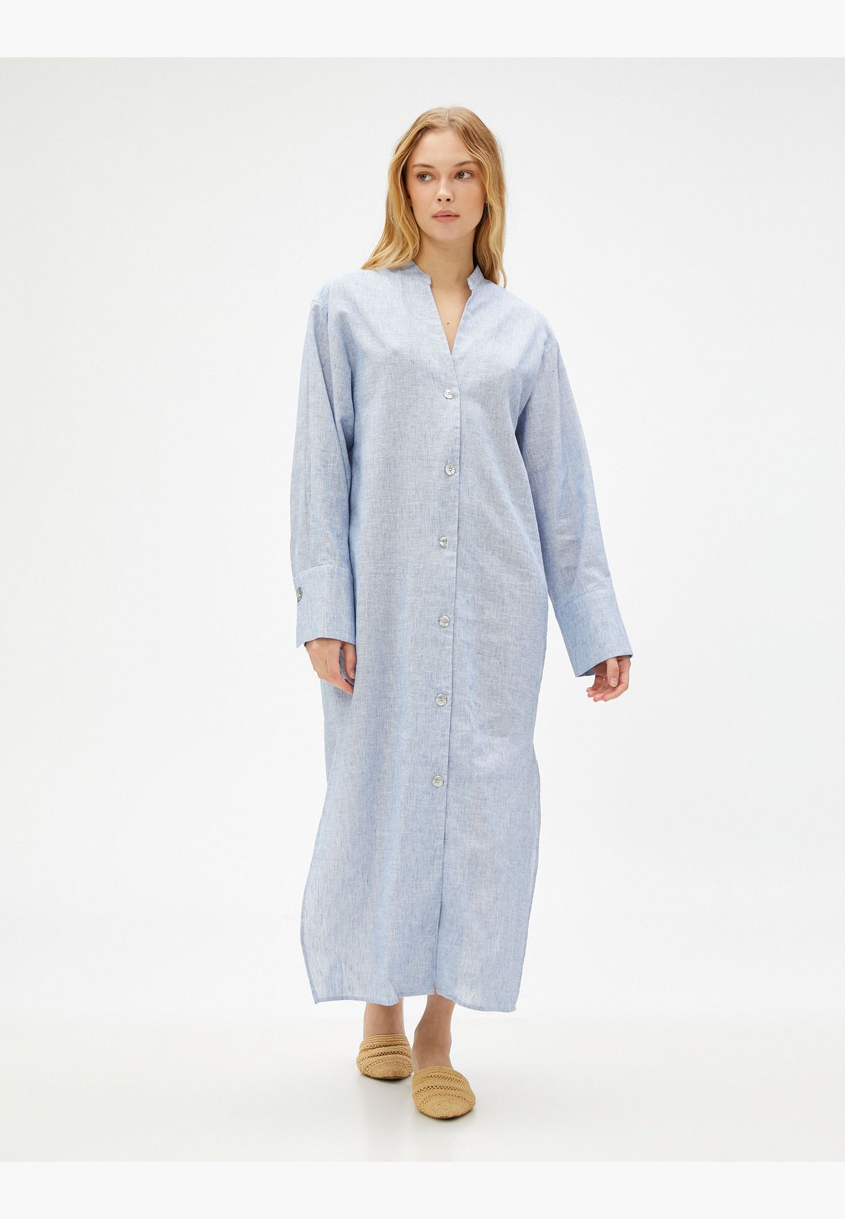 Long Shirt Dress Mandarin Neck Linen Blended