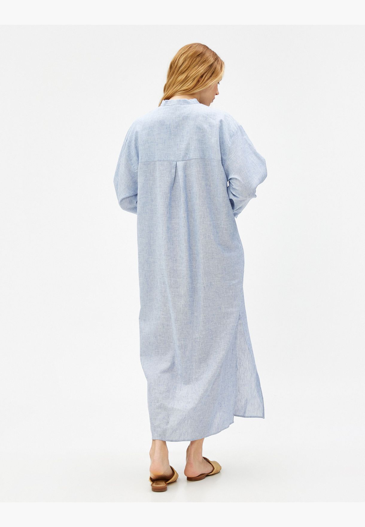 Long Shirt Dress Mandarin Neck Linen Blended