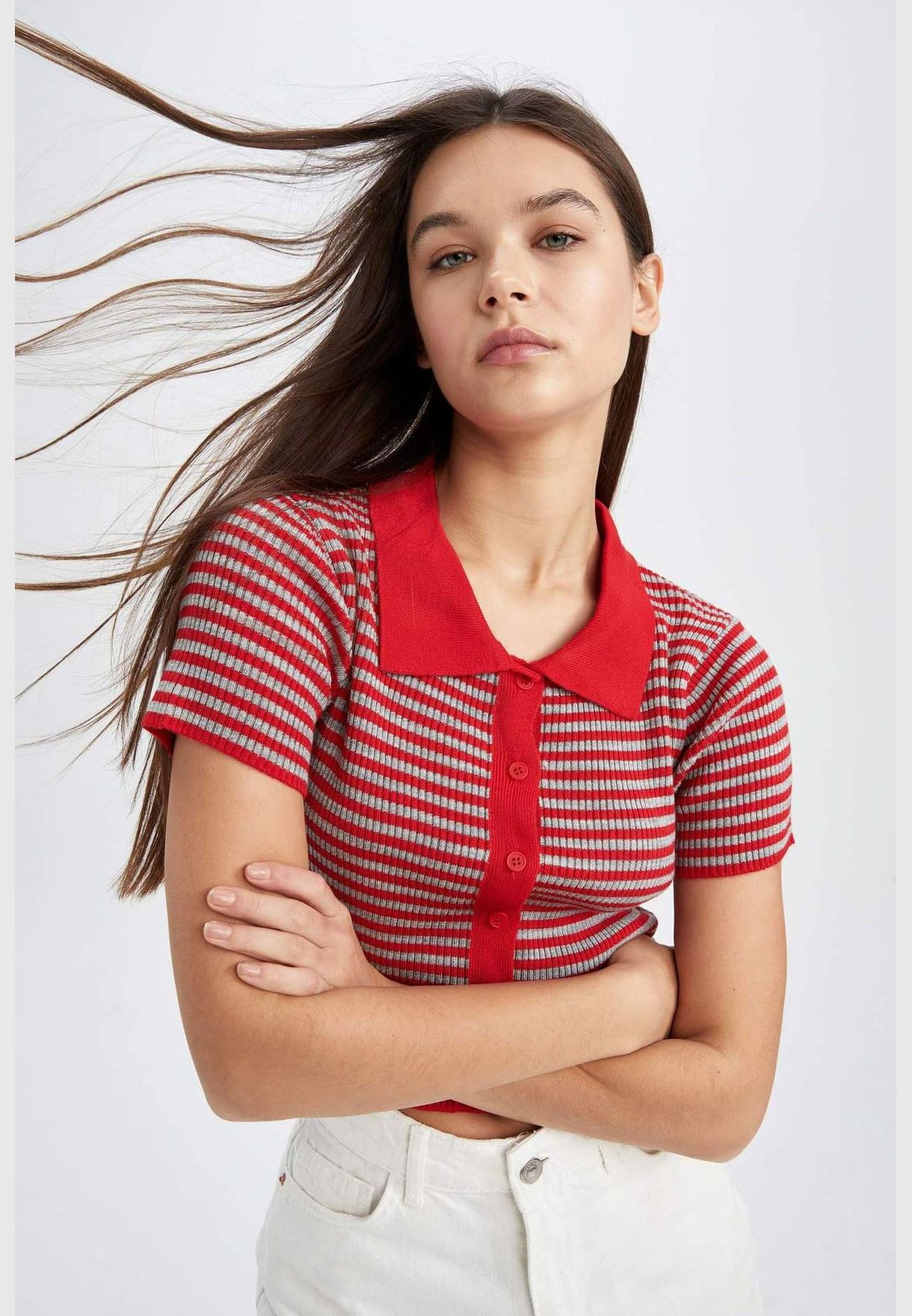Slim Fit Short Sleeve Striped Crop Jumper