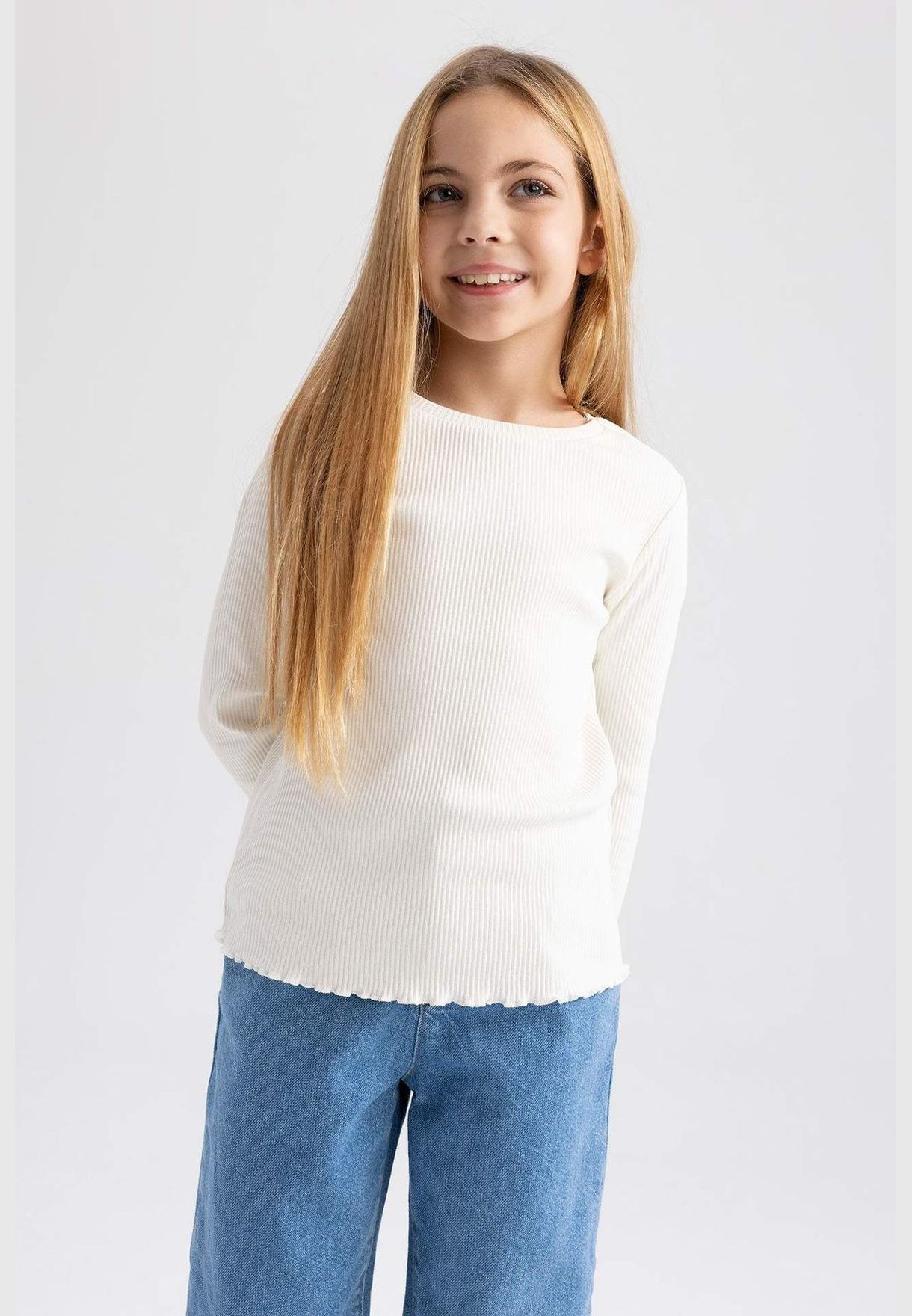 Girl Slim Fit Crew Neck Knitted Long Sleeve Body