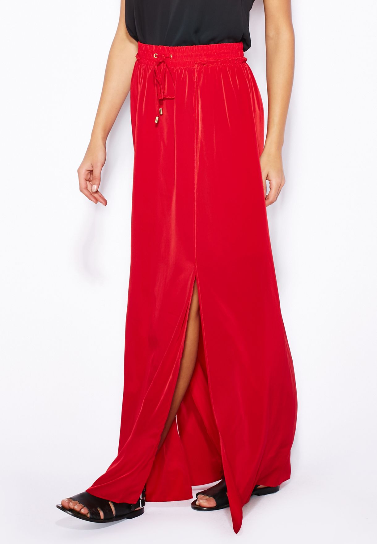 red maxi skirt with slits