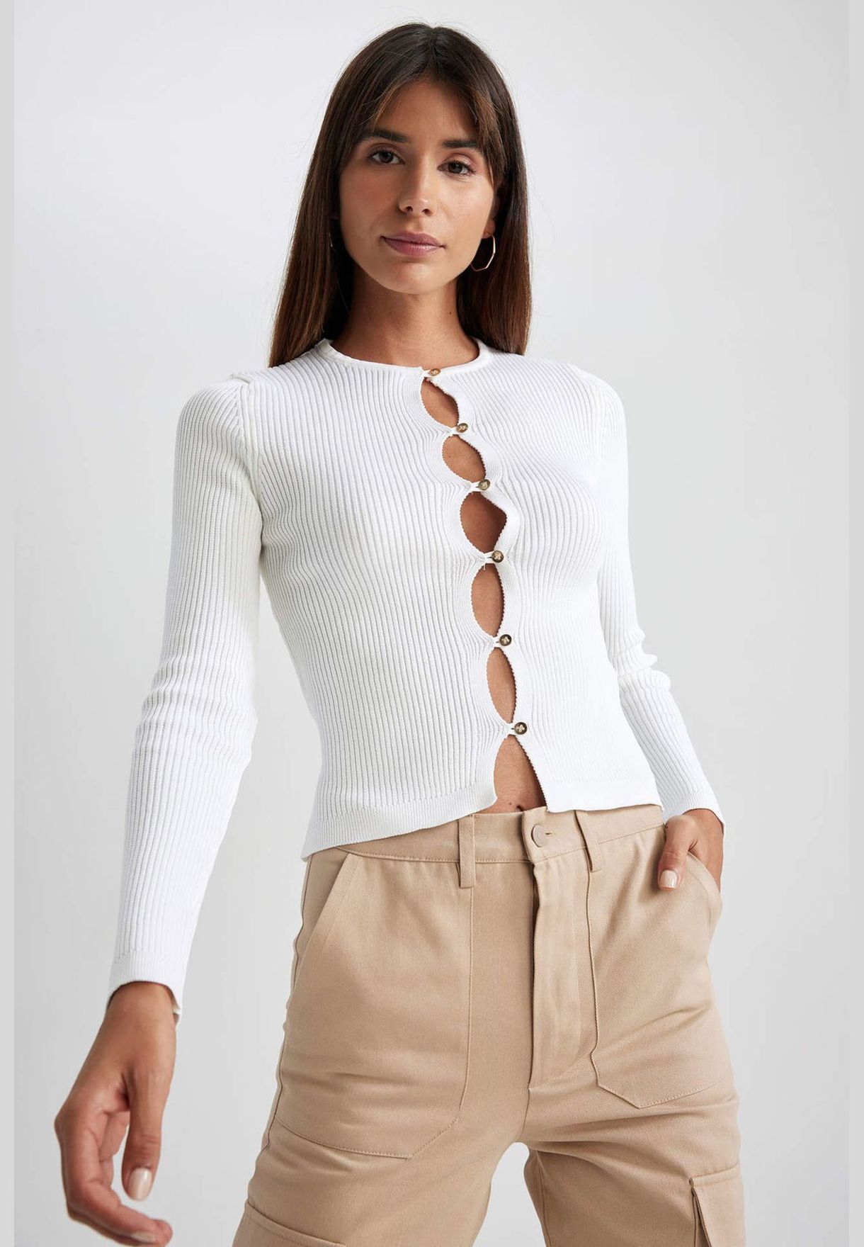 Woman Slım Fıt Crew Neck Long Sleeve Tricot Cardigan