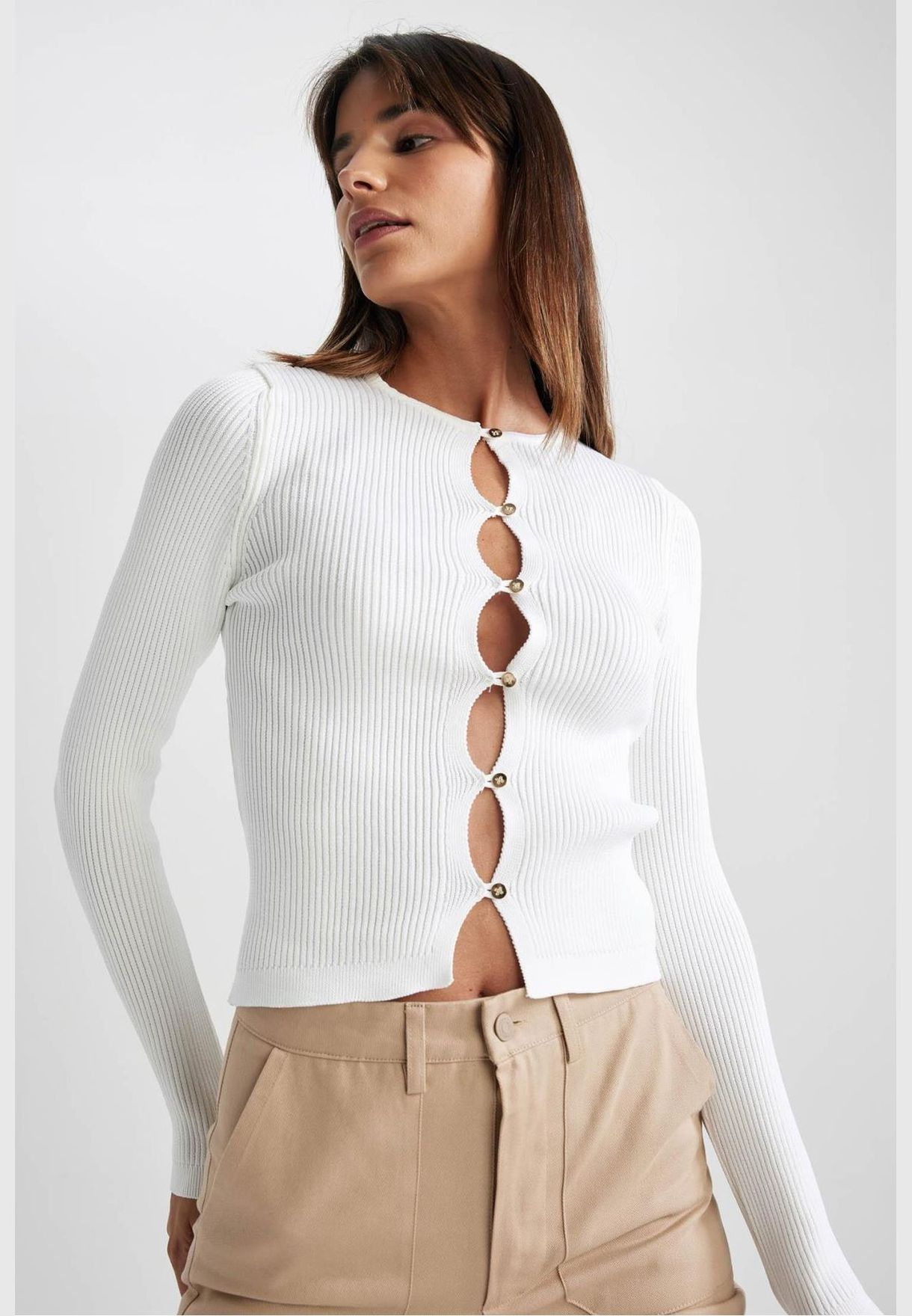 Woman Slım Fıt Crew Neck Long Sleeve Tricot Cardigan