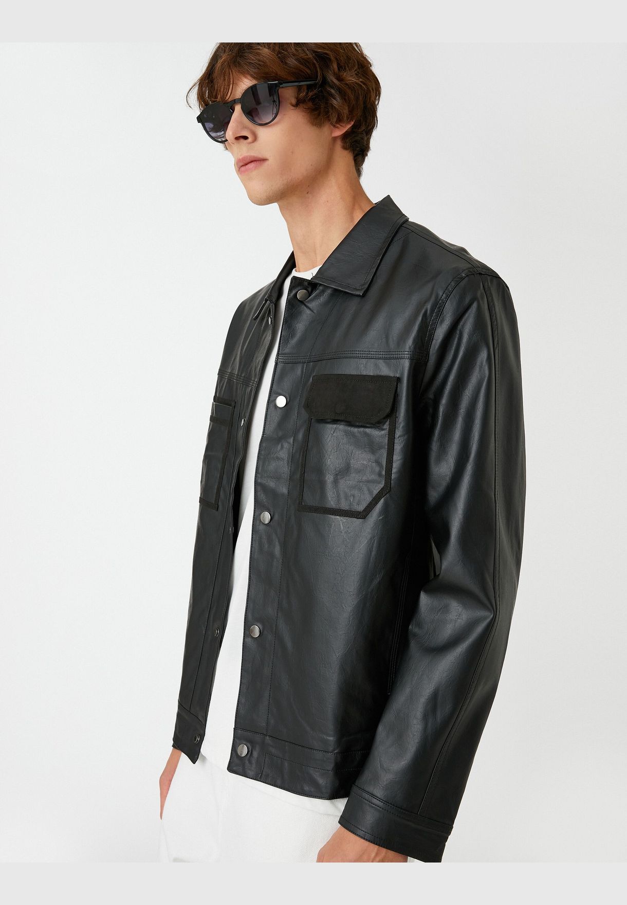 Faux Leather Jacket Snap Button Detailed 