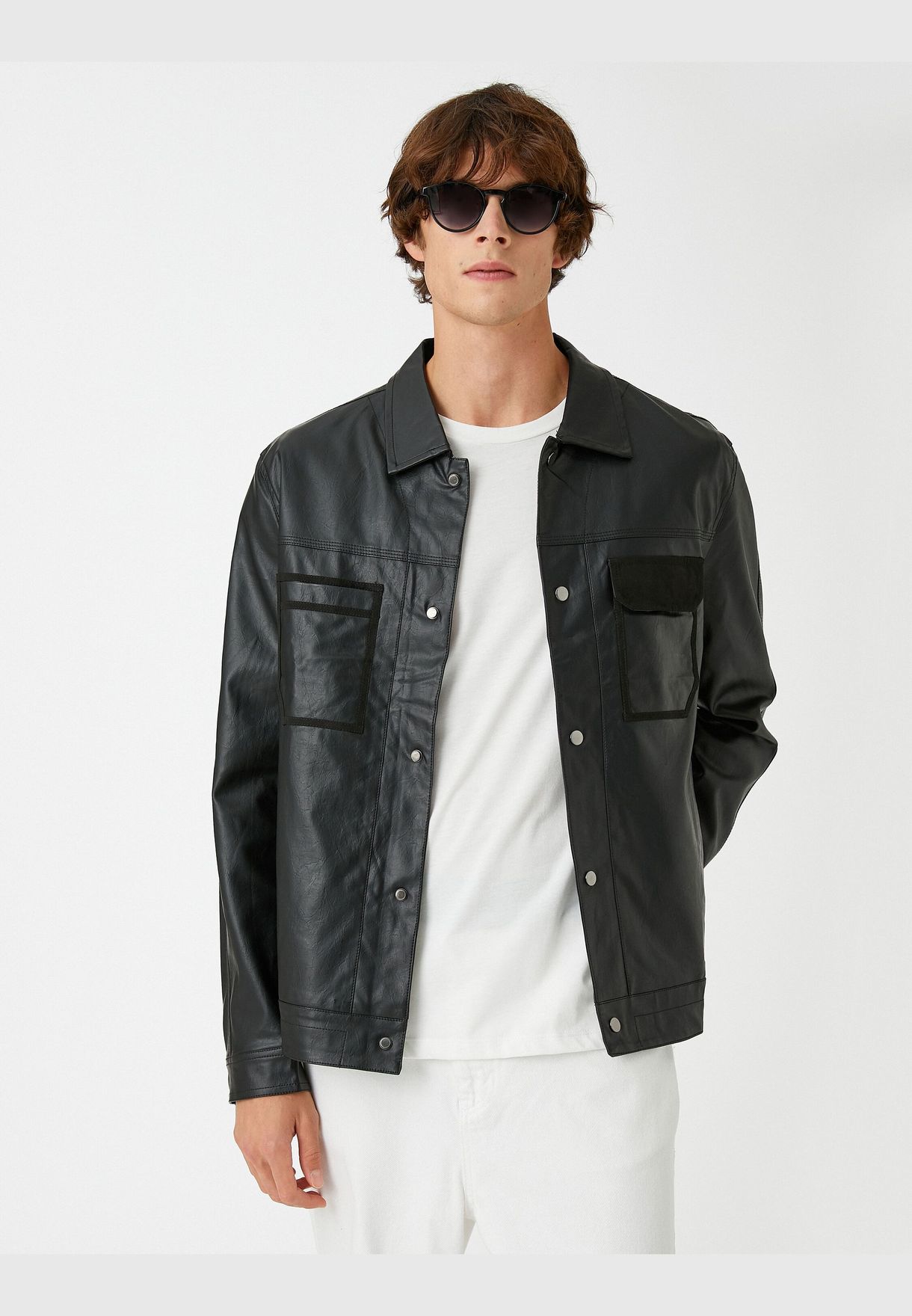 Faux Leather Jacket Snap Button Detailed 