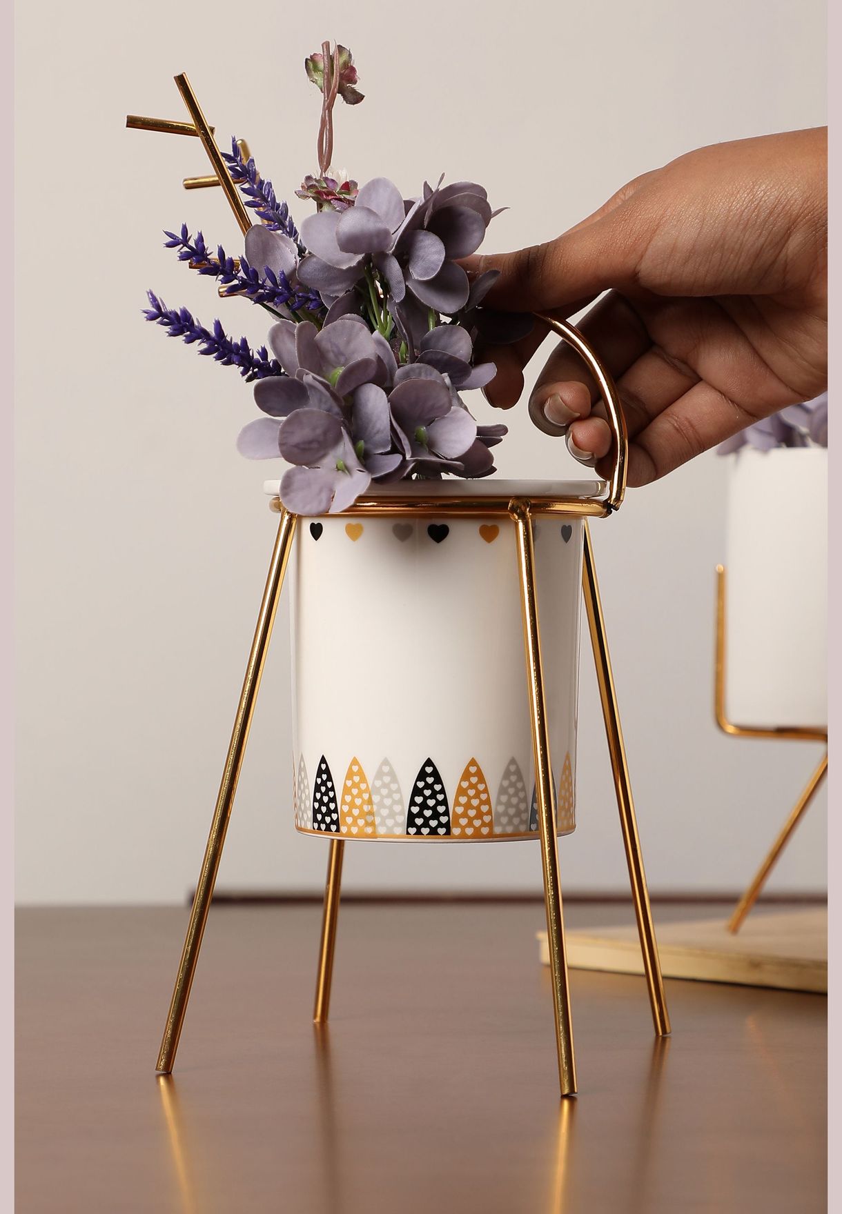 Printed Medium Ceramic Round Planter With Metal Stand For Home Decor
