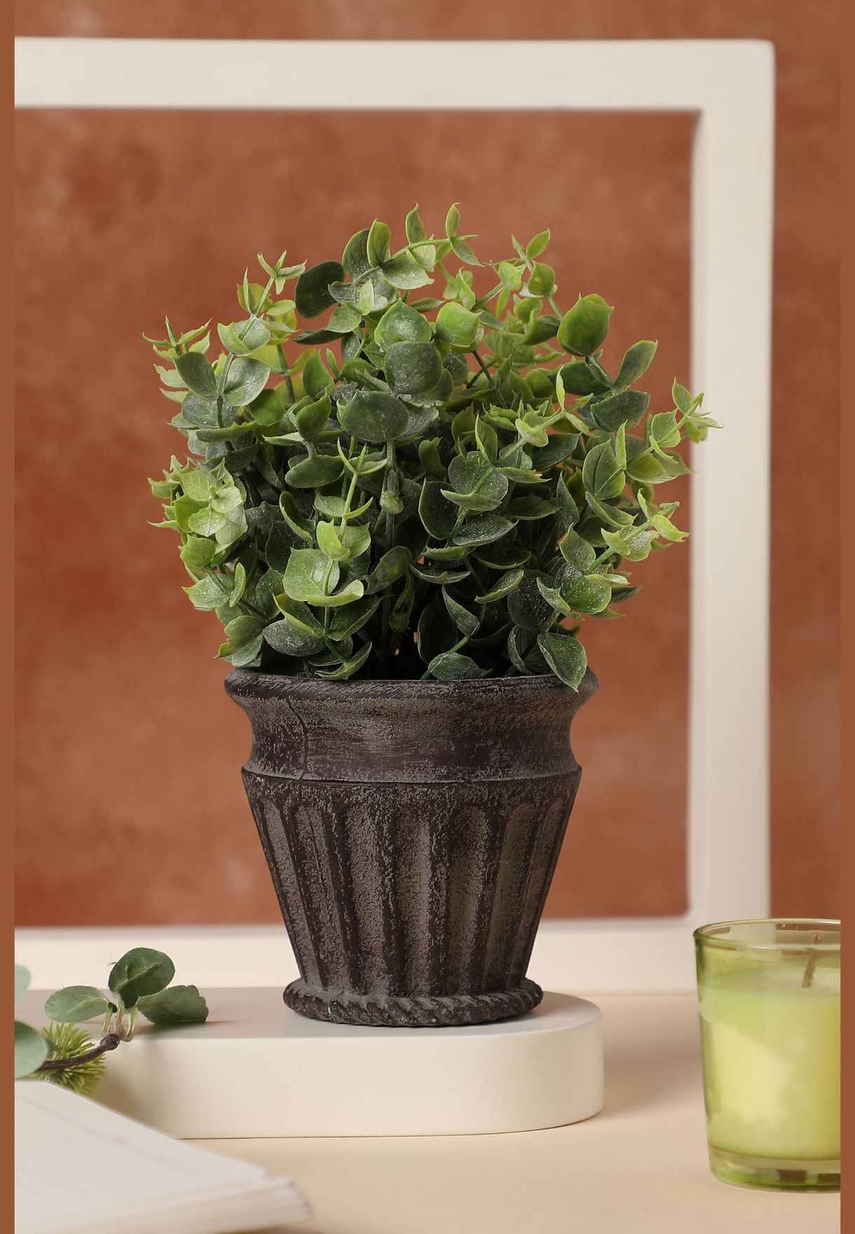 Rustic Textured Medium Ceramic Pot With Artificial Foliage For Home Decor Indoor & Outdoor 