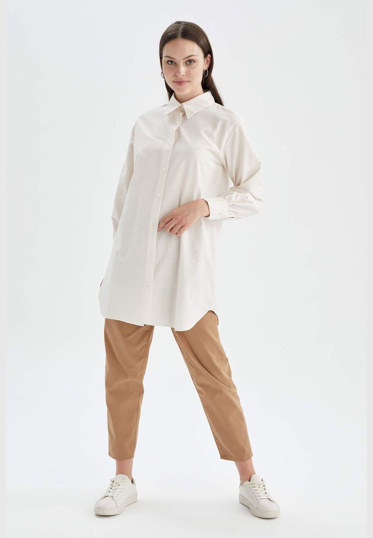 Buy Defacto beige Modest- Long Sleeve Buttoned Longline Tunic for Women ...
