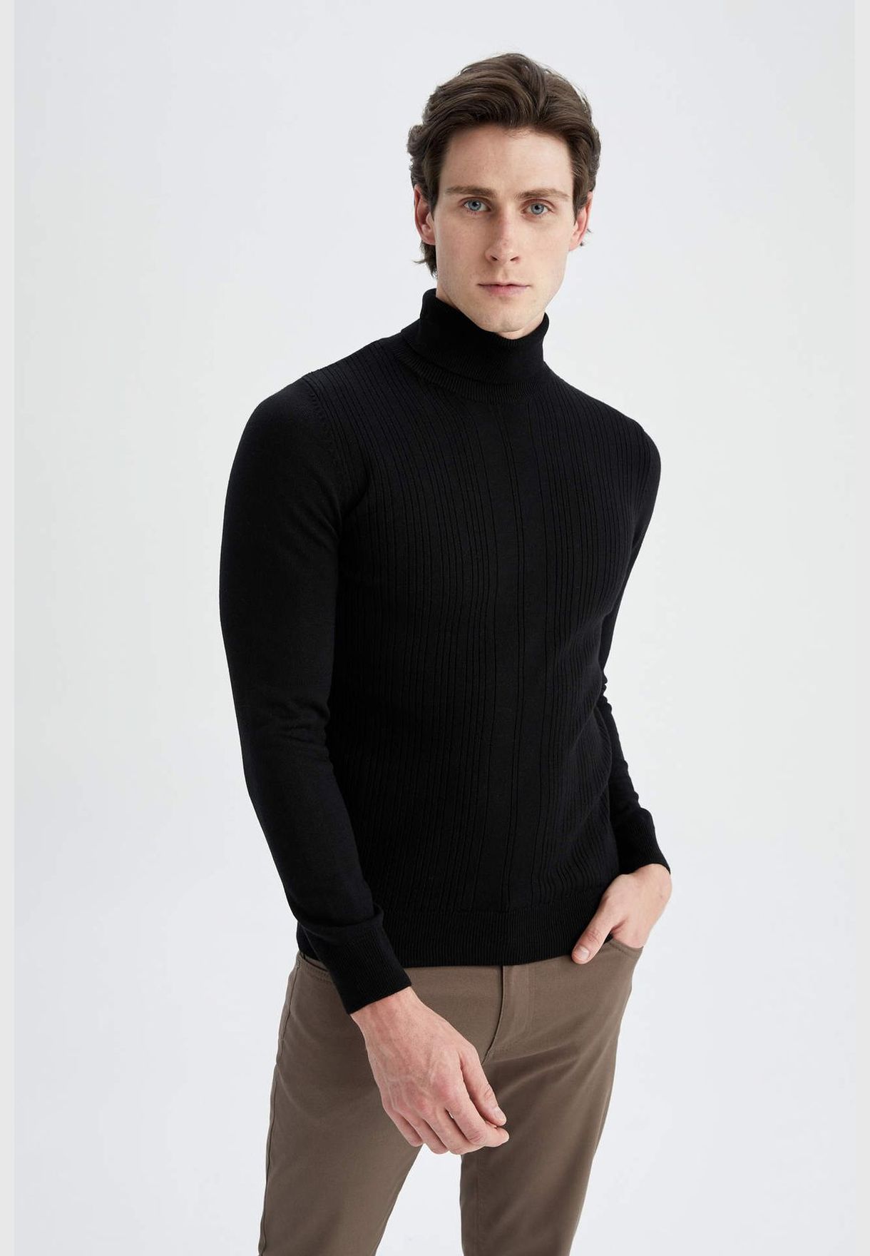 Buy Defacto black Man Slim Fit Turtle Neck Long Sleeve Tricot Pullover ...
