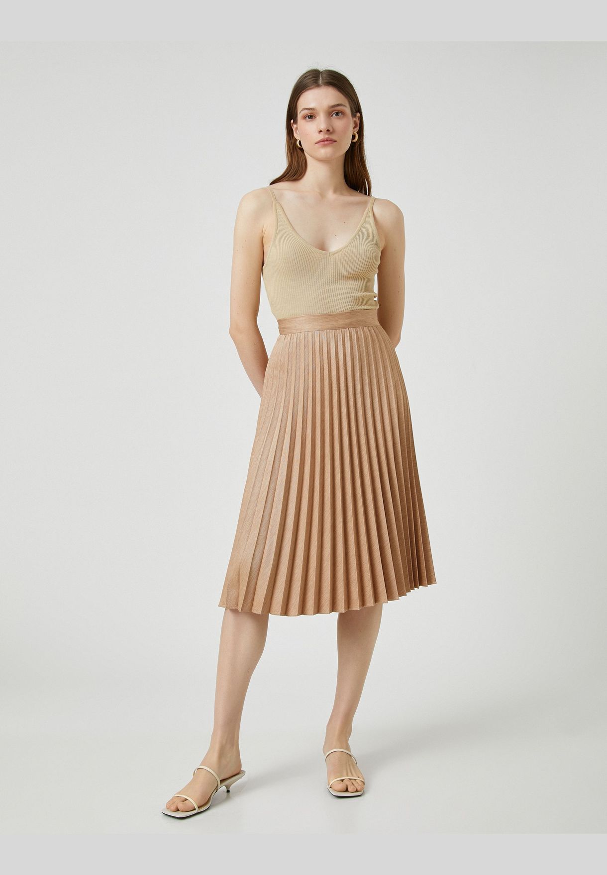 Satin Midi Skirt Pleated A Line