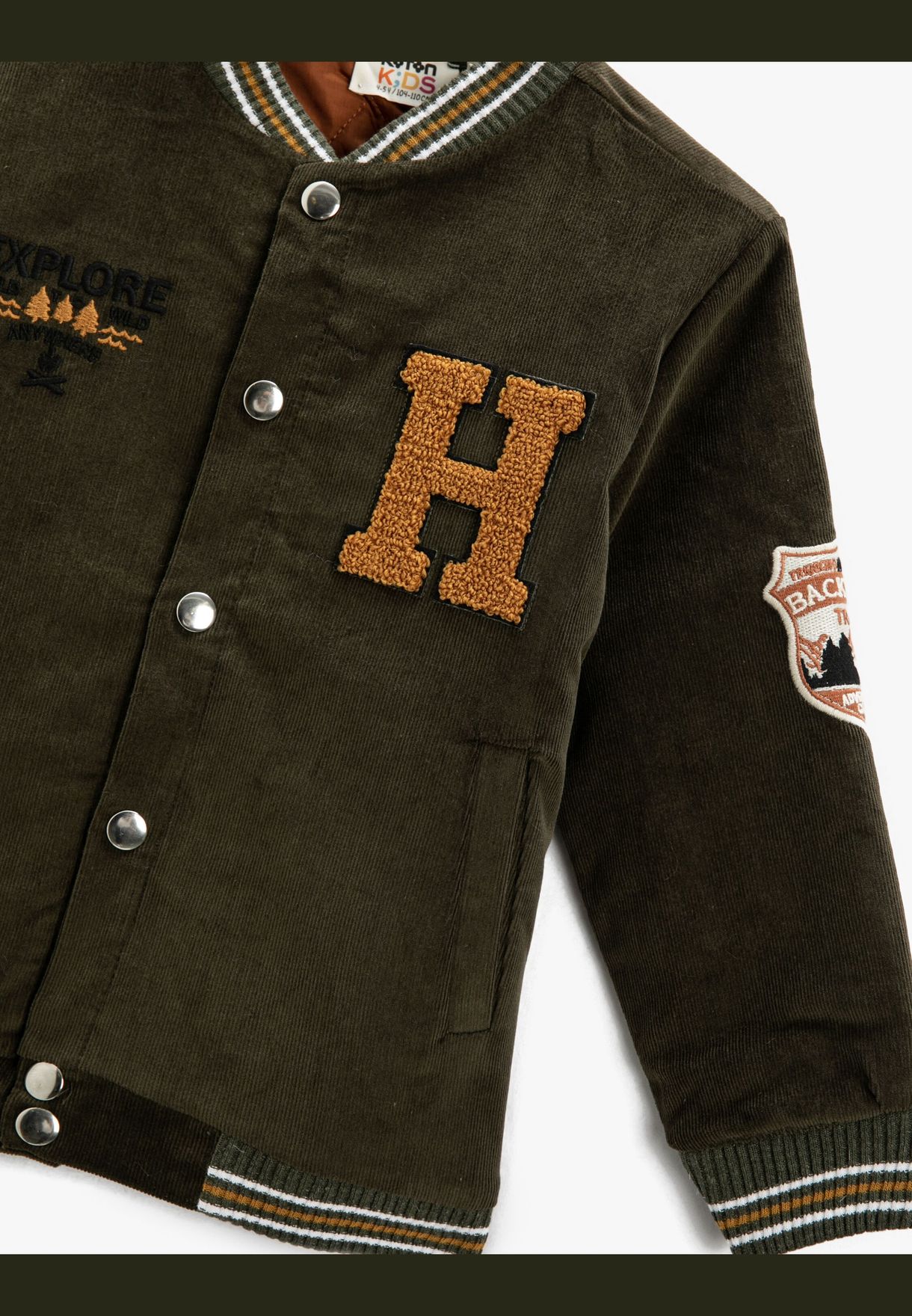 Varsity Jacket Corduroy Applique Detail Pockets Round Neck