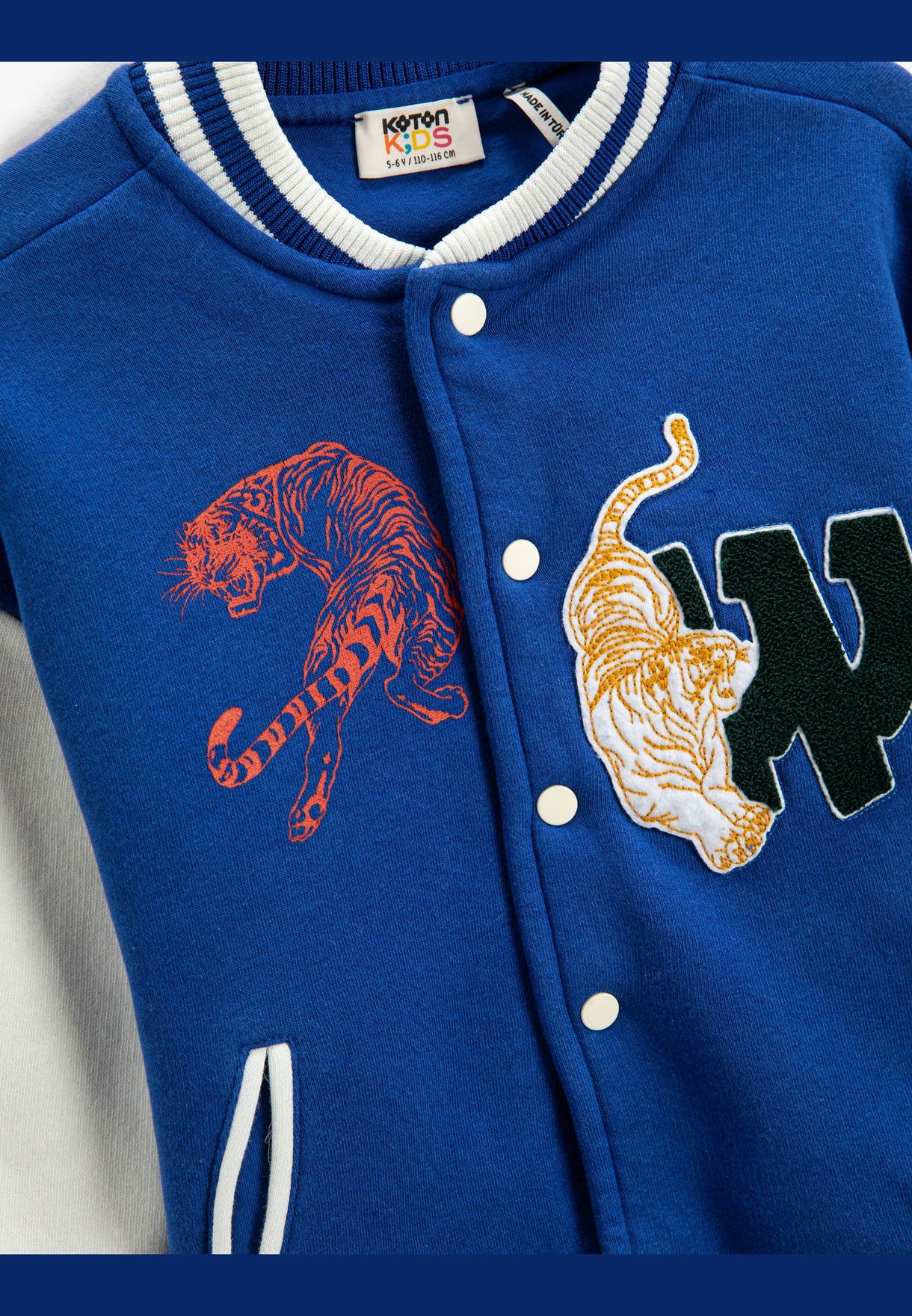 Varsity Jacket Back and Front Tiger Printed Brushed Interior Pockets Snap Closure
