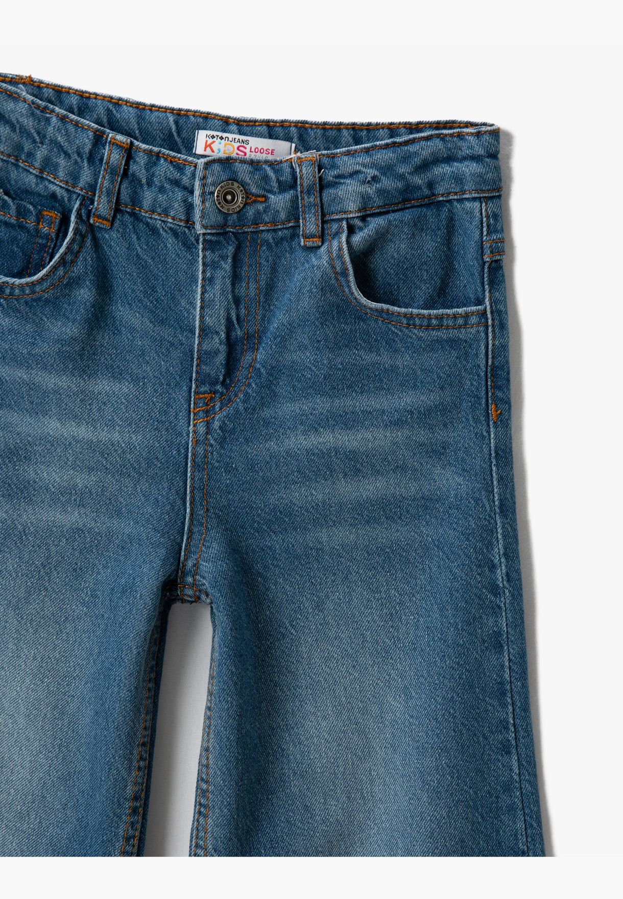 Wide Leg Jean - Button Closure Pocket Detail Cotton