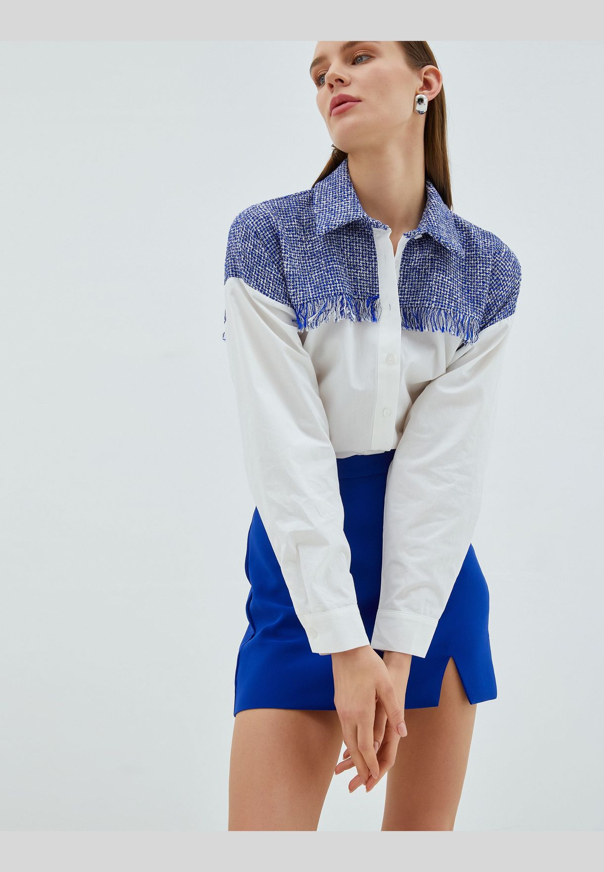 Shoulder Tweed Detail Shirt Cotton