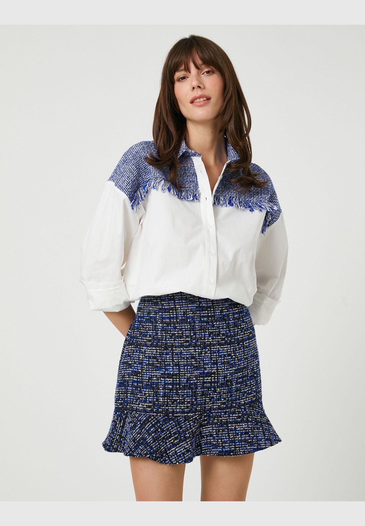 Shoulder Tweed Detail Shirt Cotton