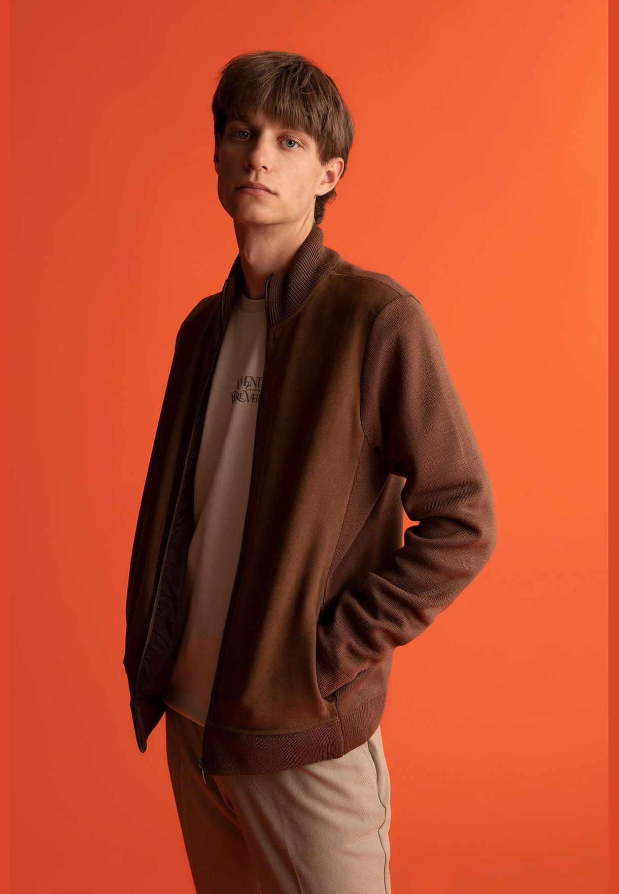 Man Slim Fit Stand Up Collar Long Sleeve Tricot Cardigan