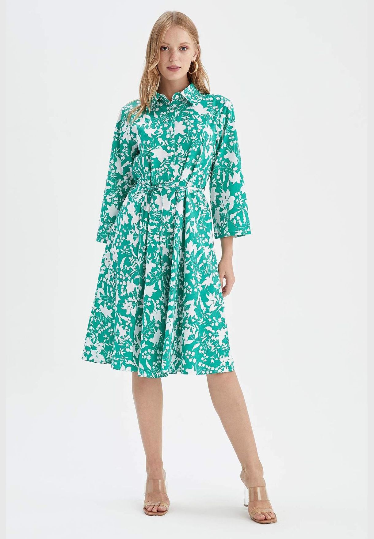 Buy Defacto green Long Sleeve Floral Print Belted Midi Dress for Women in  Dubai, Abu Dhabi