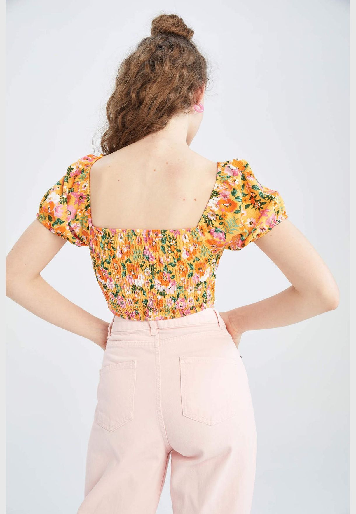 Patterned Cinched Short Sleeve Blouse