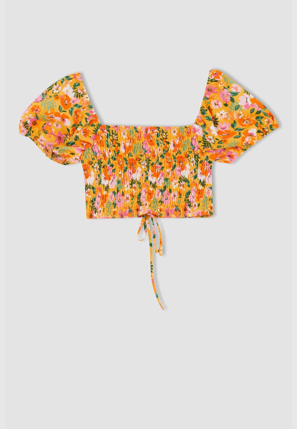 Patterned Cinched Short Sleeve Blouse