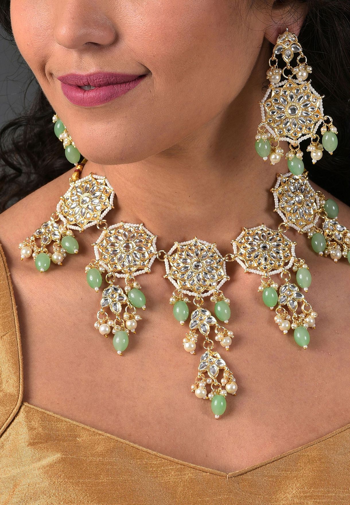 Gold Plated Kundan & Beads Necklace and Earrings Set