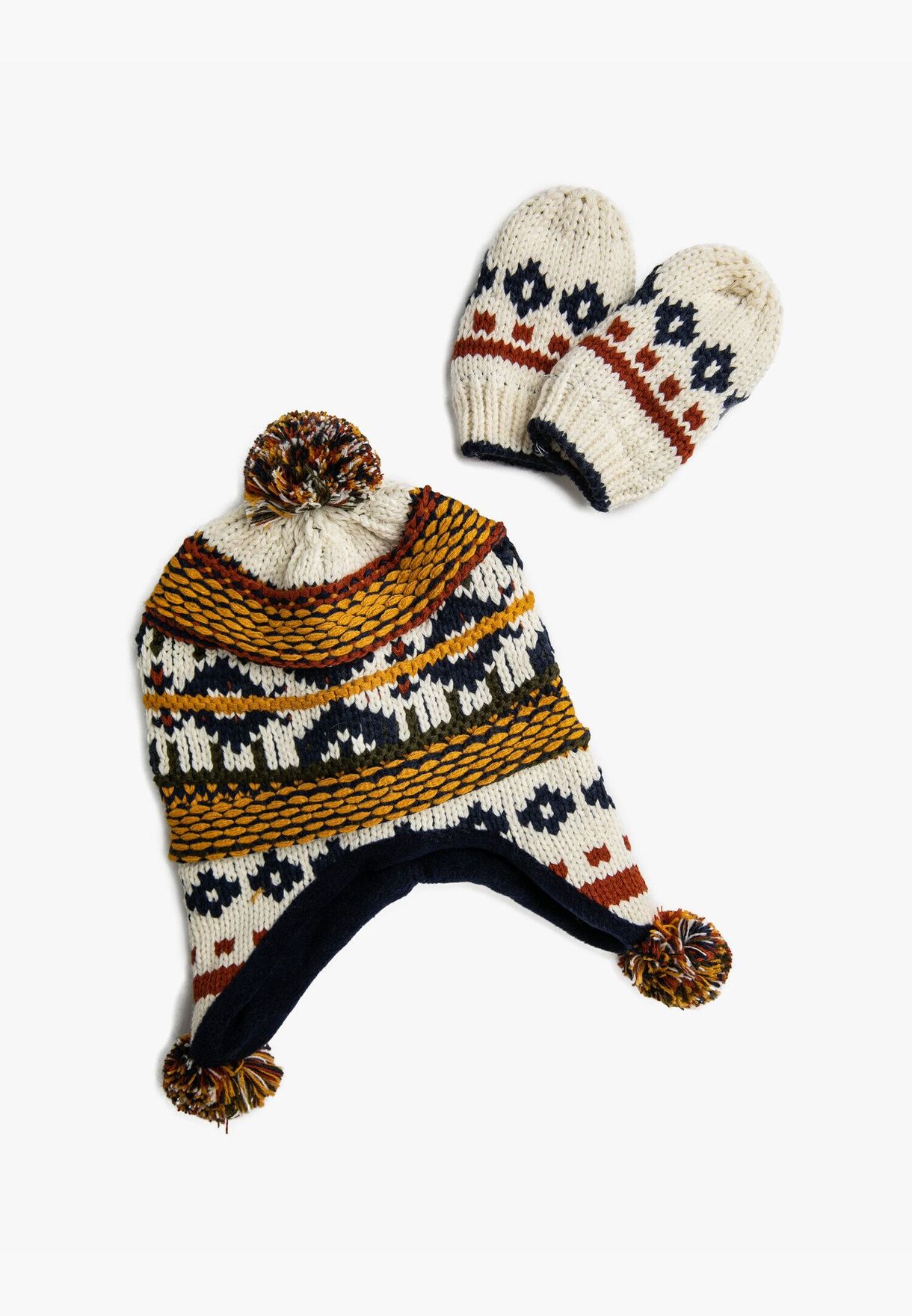 Pompon Detaield Patterned Knitted Beanie Set