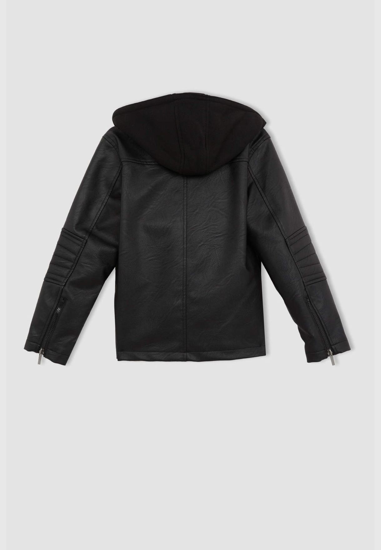 Long Sleeve Faux Leather Hooded Jacket
