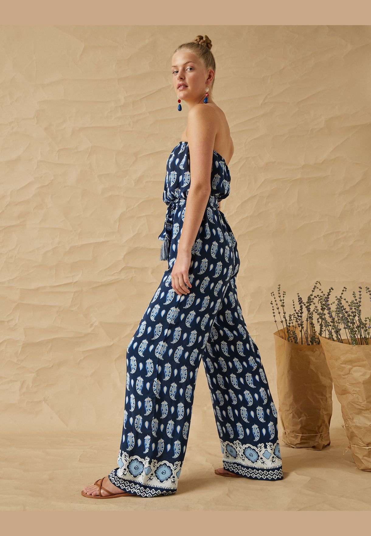 Printed Waistbanded Strapless Jumpsuit