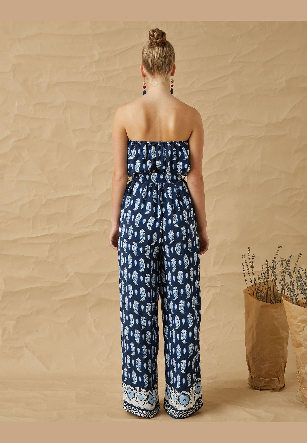 Printed Waistbanded Strapless Jumpsuit