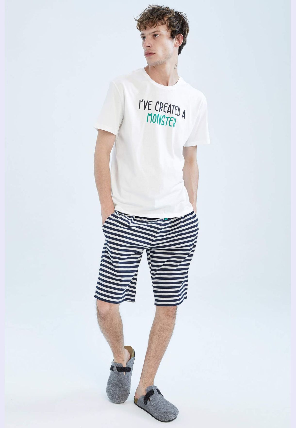 Regular Fit Short Sleeve Slogan Print Striped Pyjama Set