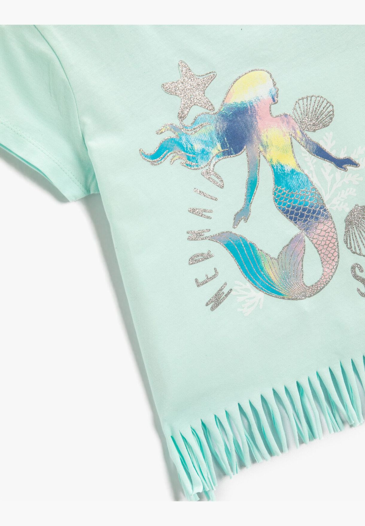 Mermaid Printed Fringed Short Sleeve T-Shirt Cotton