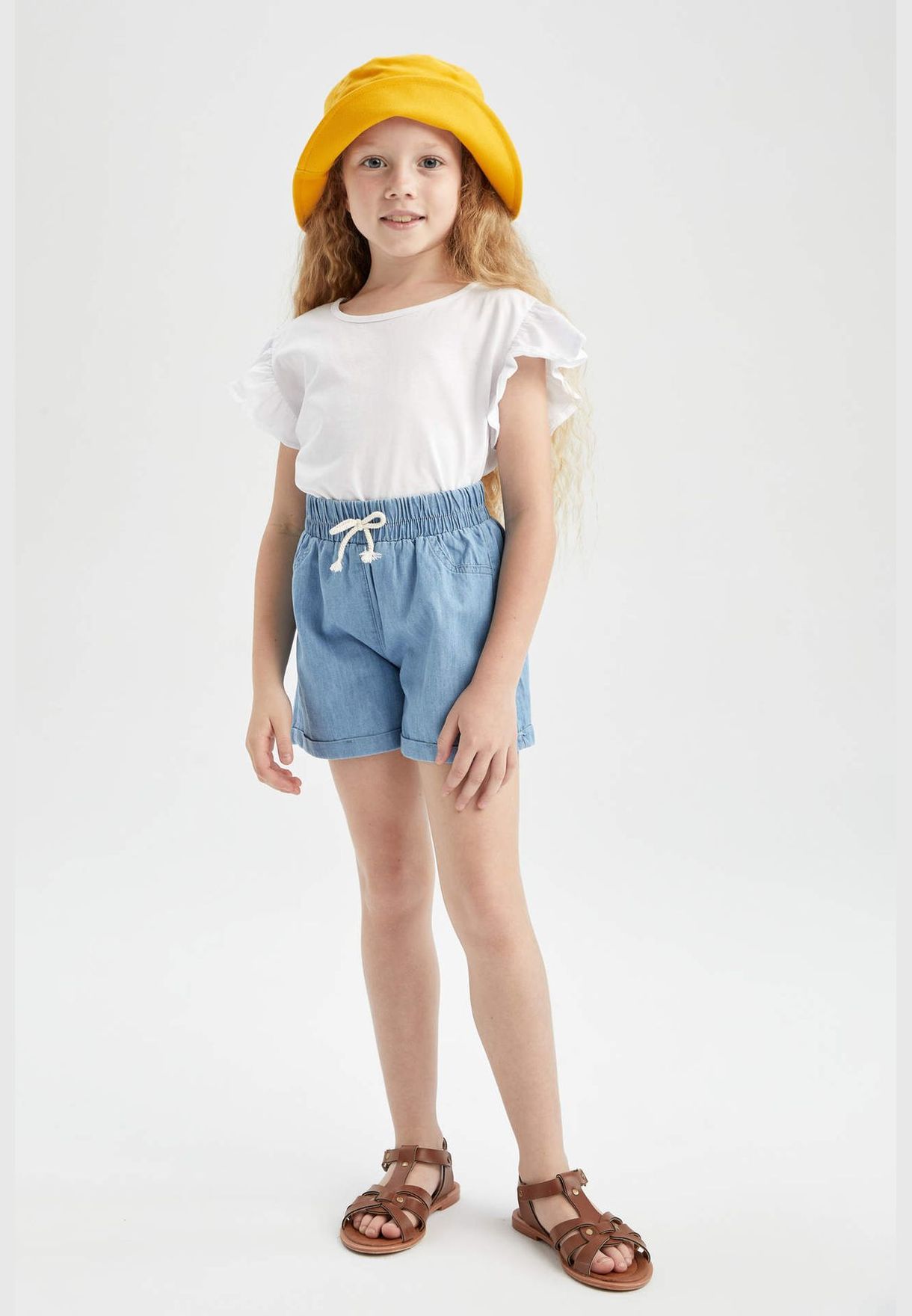 Relaxed Fit Stretch Denim Jean Shorts With Drawstring Tie