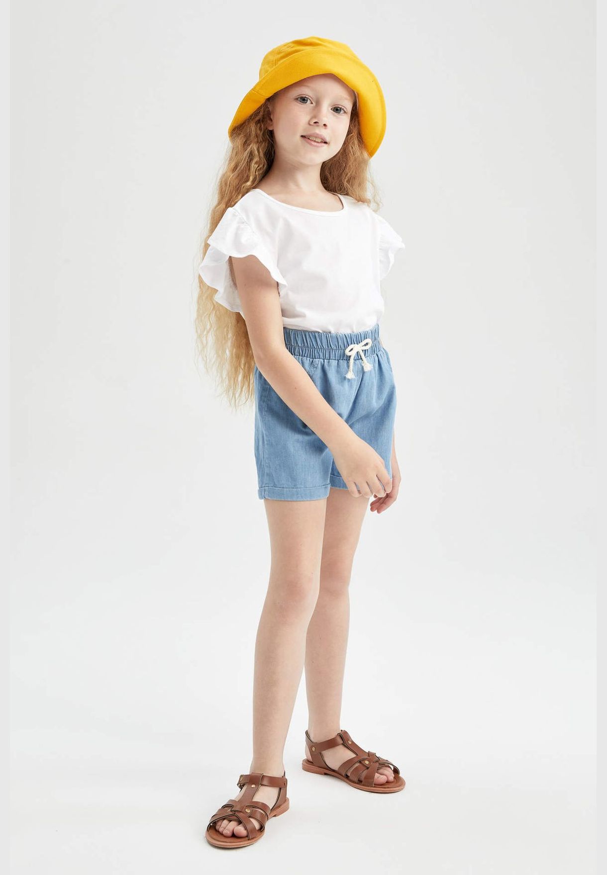 Relaxed Fit Stretch Denim Jean Shorts With Drawstring Tie