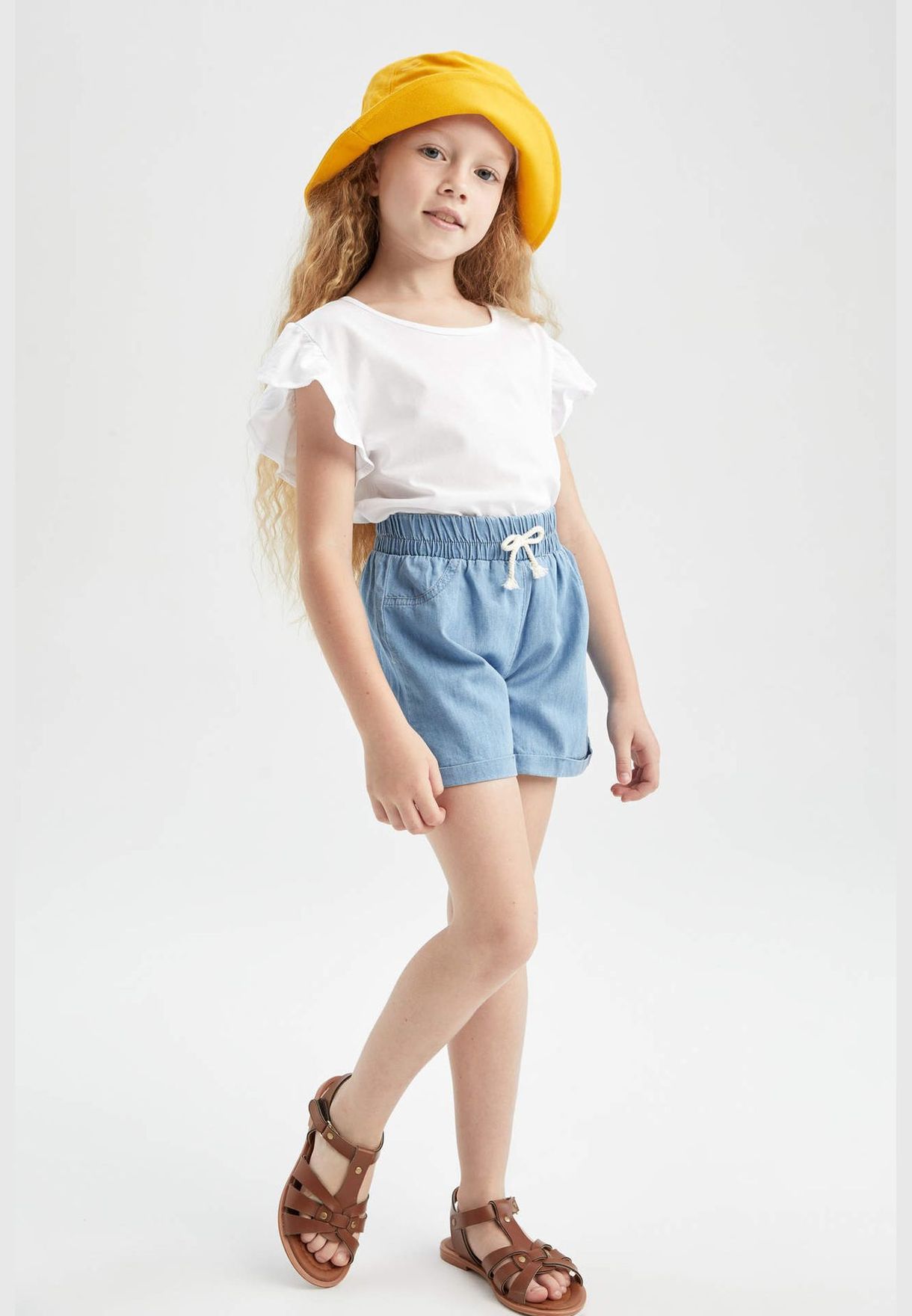 Relaxed Fit Stretch Denim Jean Shorts With Drawstring Tie