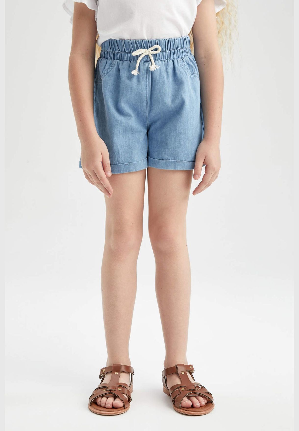 Relaxed Fit Stretch Denim Jean Shorts With Drawstring Tie