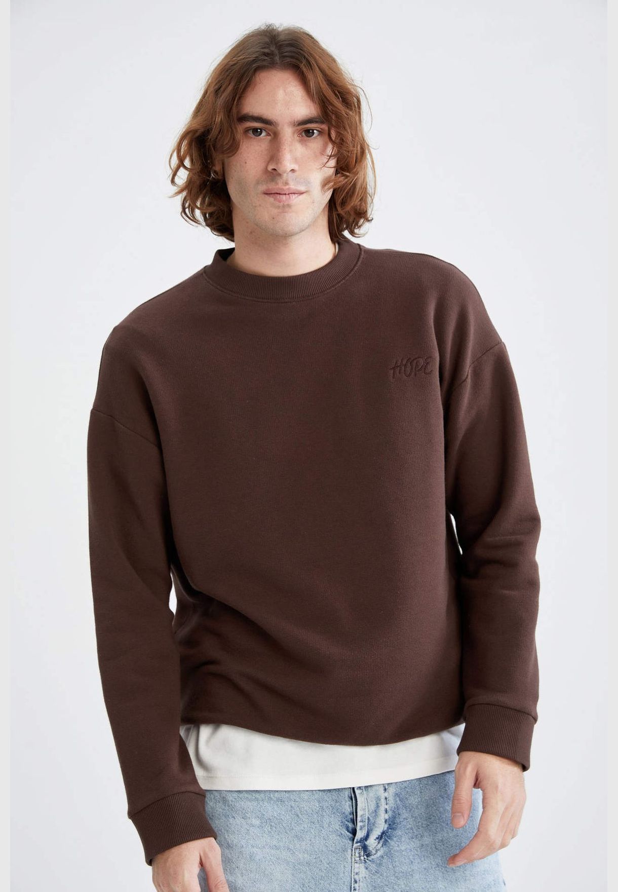 Man Comfort Fit Crew Neck Long Sleeve Knitted Sweat Shirt