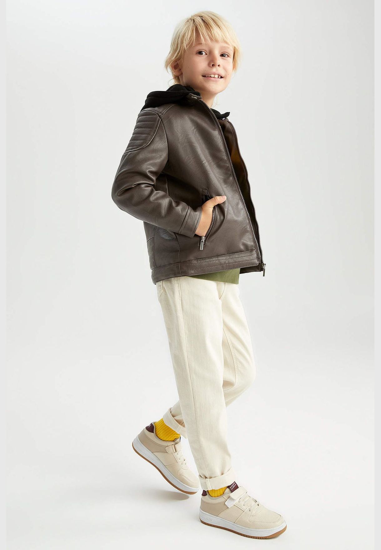 Boy Regular Fit Hooded Long Sleeve PU Jacket